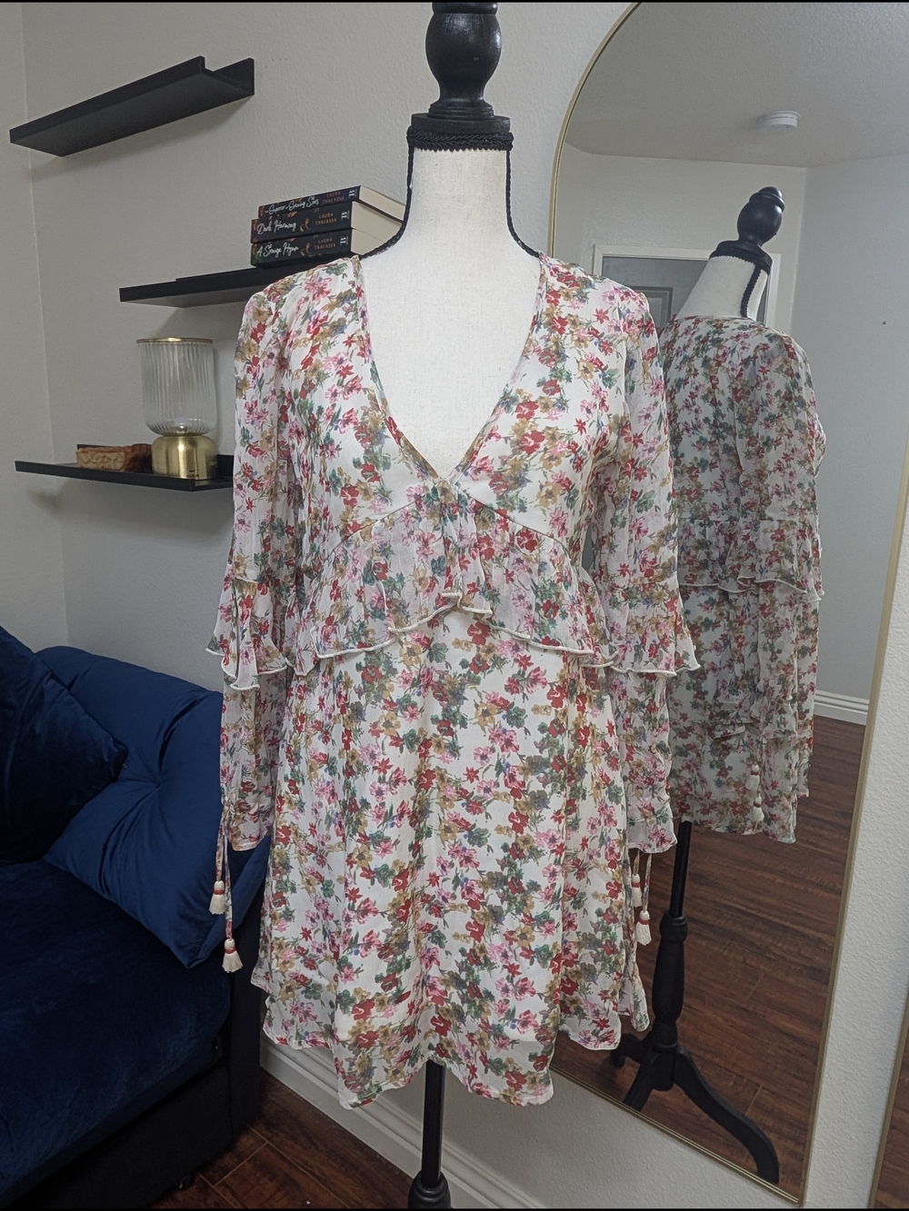 Floral V-Neck Ruffle Mini Dress - White with Pink & Green Size Small